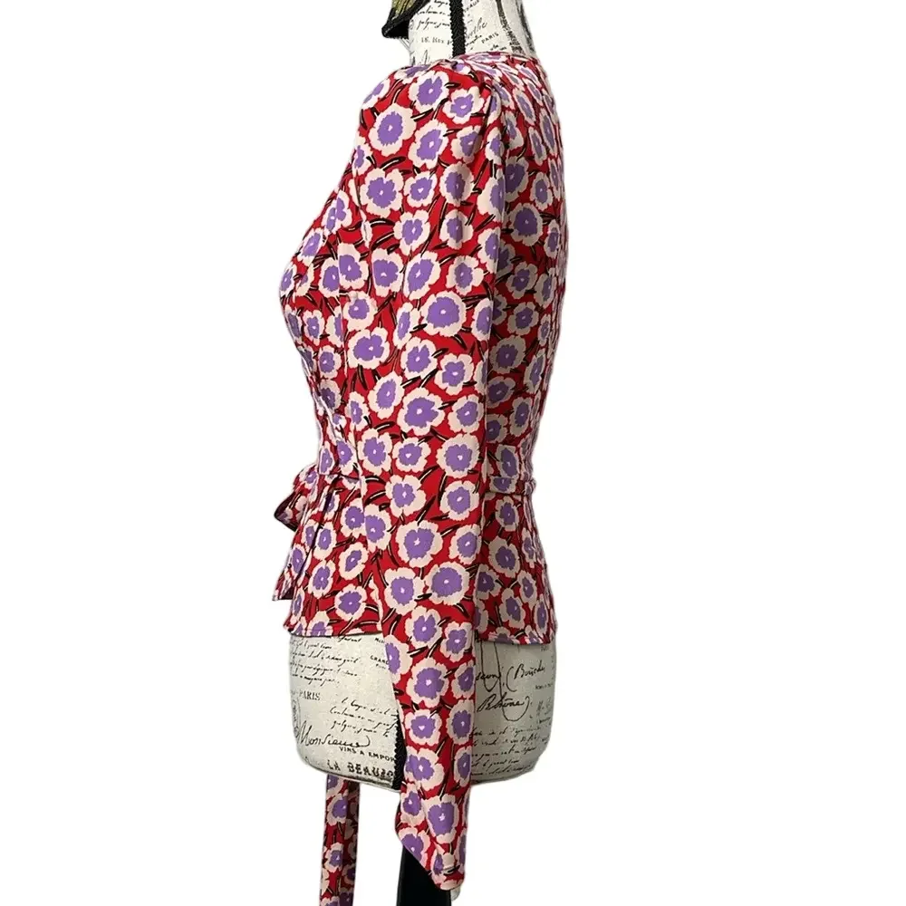 Diane Von Furstenberg Alexia Floral Print Silk Crepe De Chine Wrap Top Size 2 - Picture 5 of 15